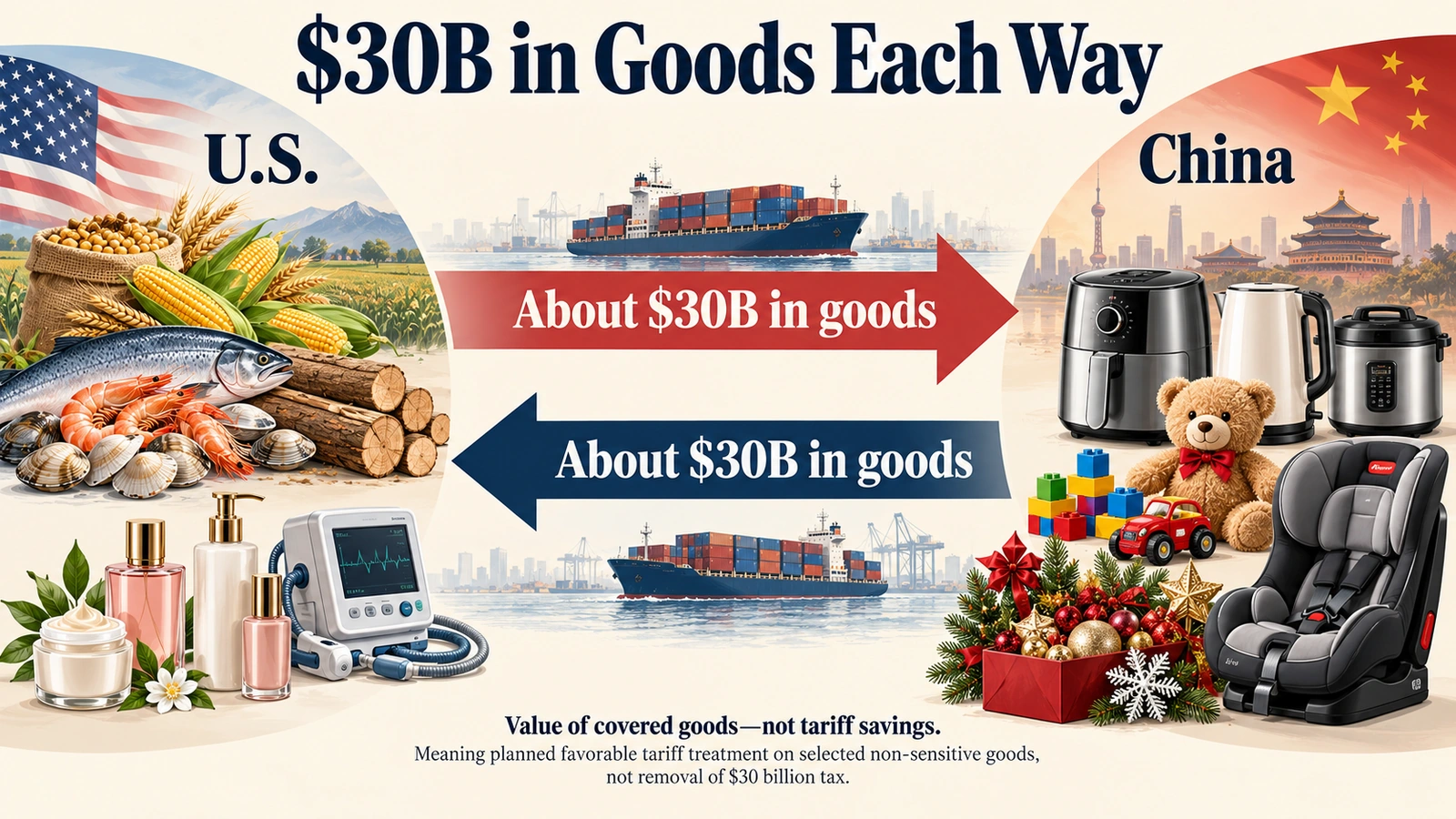 Diagram showing about $30 billion of U.S. exports and $30 billion of Chinese exports receiving planned favorable tariff treatment