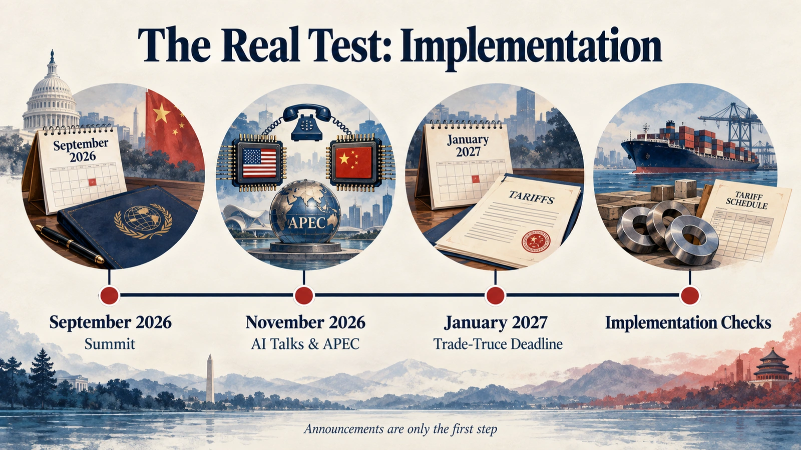 Timeline of upcoming tests for the U.S.-China trade and AI agreements after the September 2026 summit