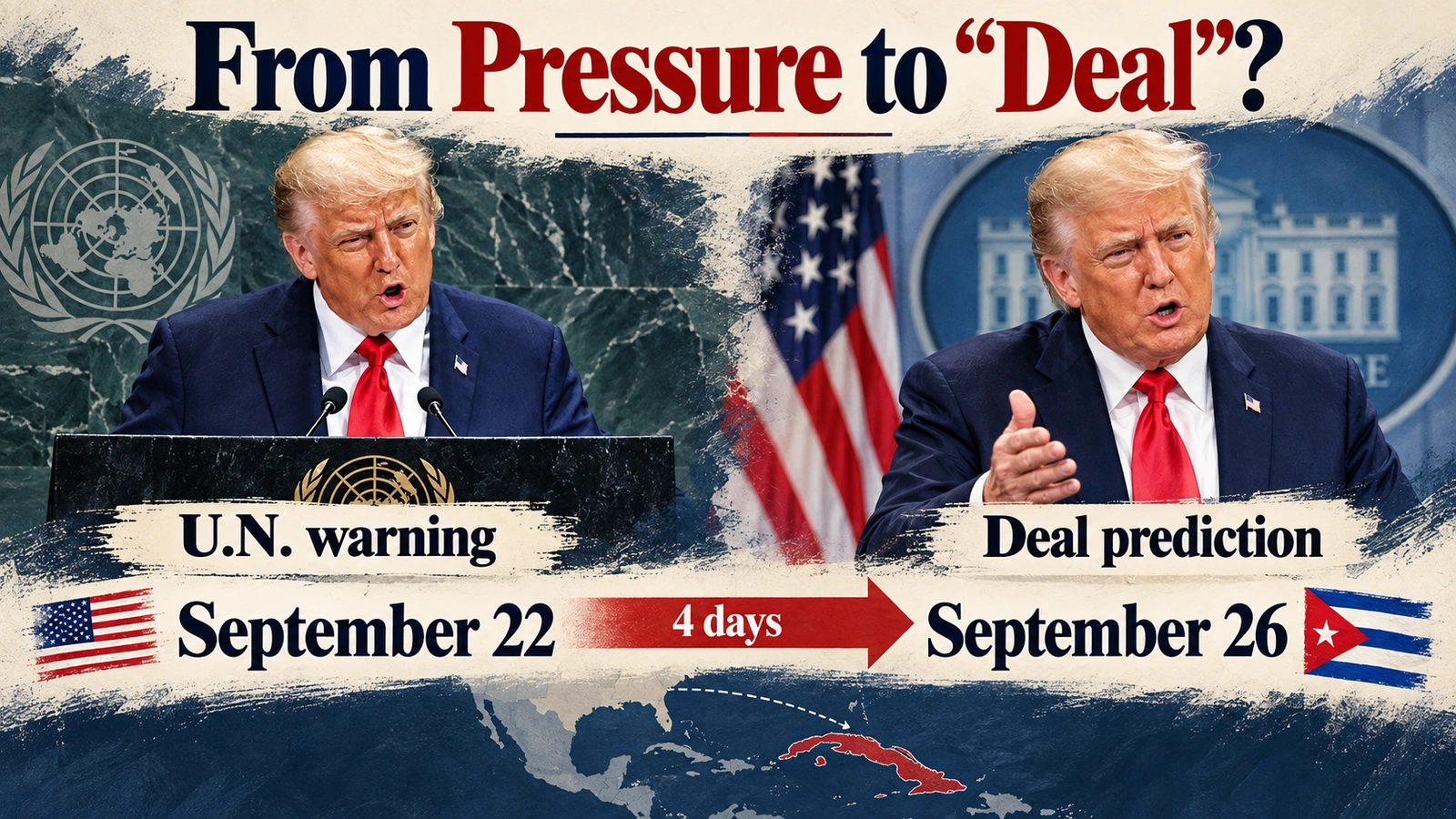 Timeline showing Donald Trump's September 22 Cuba warning at the United Nations and his September 26 prediction of a U.S.-Cuba deal