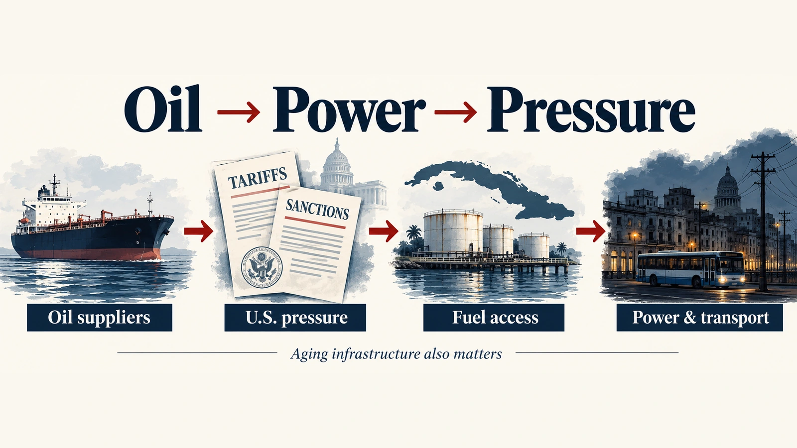 Flow diagram showing U.S. pressure on oil suppliers leading to reduced Cuban fuel access, power shortages and economic strain