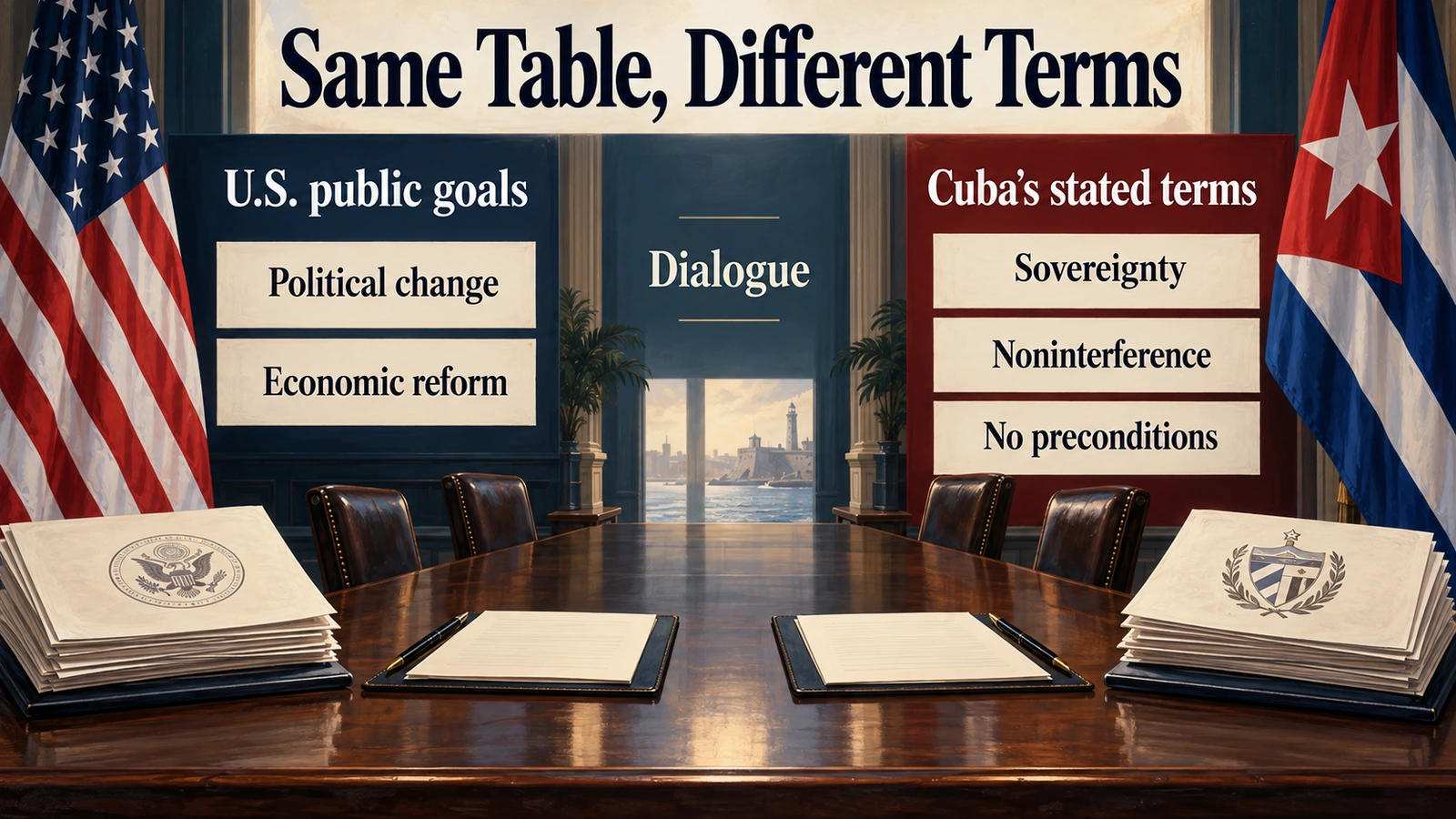 Neutral comparison graphic showing current U.S. public objectives toward Cuba and Cuba's stated conditions for dialogue