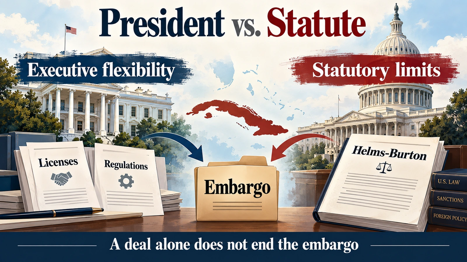 Diagram explaining presidential flexibility over Cuba sanctions and the statutory limits on ending the broader embargo