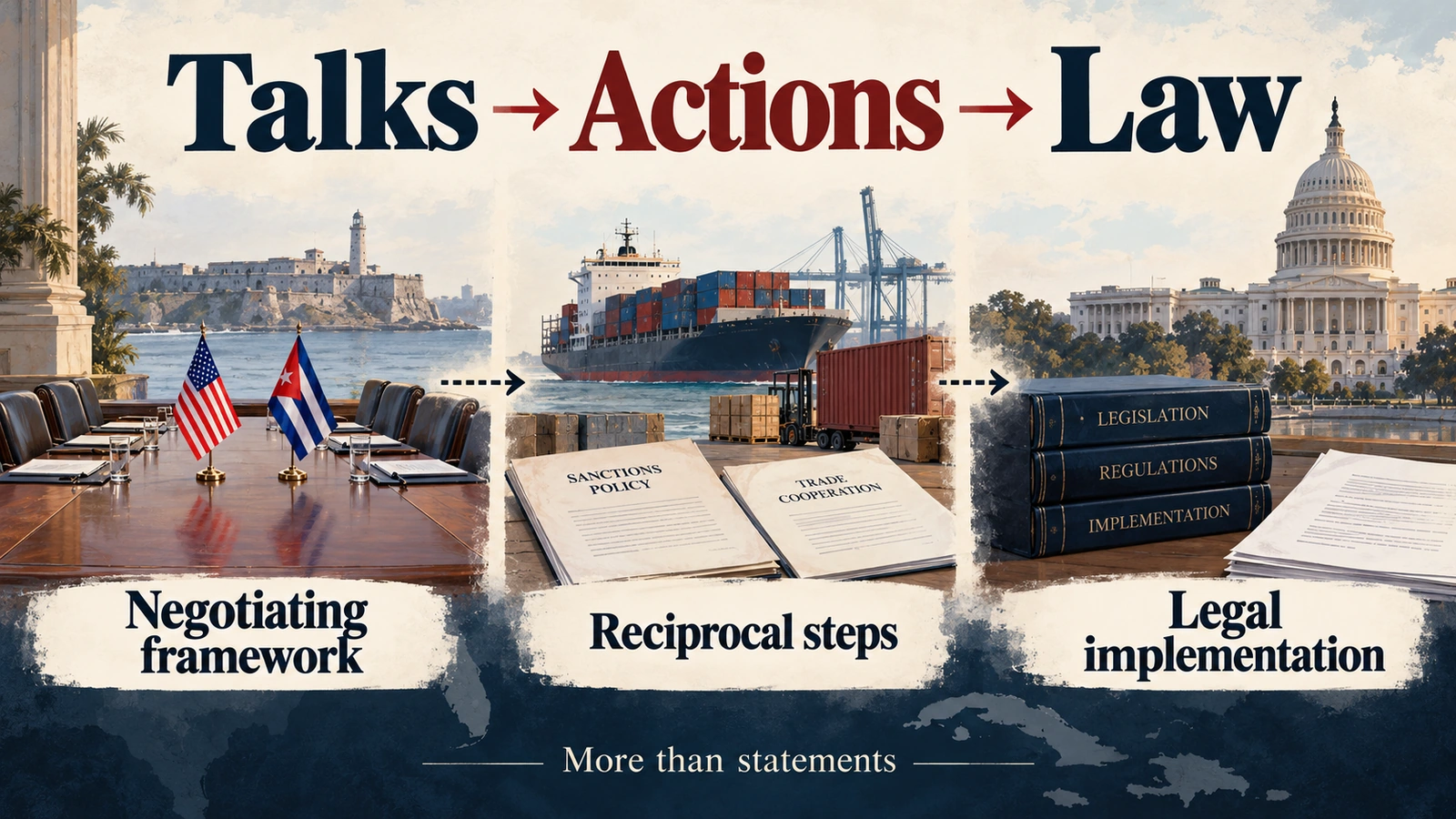 Three-stage roadmap showing talks, reciprocal U.S.-Cuba actions and legal implementation needed for a possible agreement