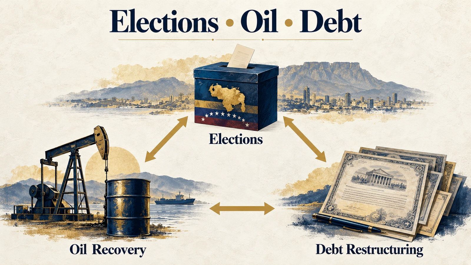 Triangle infographic linking Venezuela elections, oil-sector recovery and debt restructuring