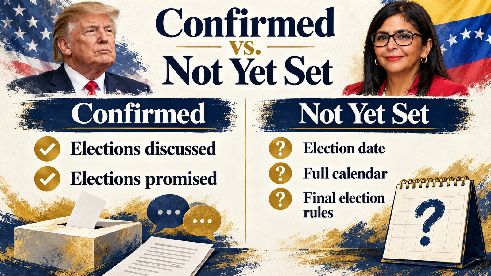 Confirmed-versus-unresolved infographic for the Trump and Delcy Rodríguez election talks