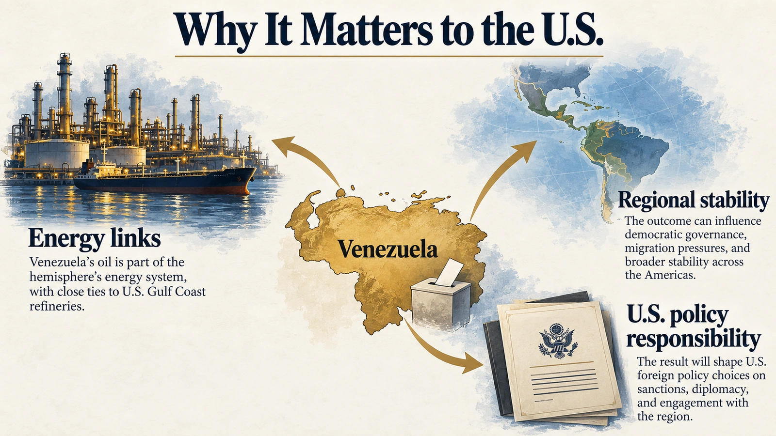 Infographic connecting Venezuela’s political transition to U.S. energy, regional stability and American foreign-policy responsibility