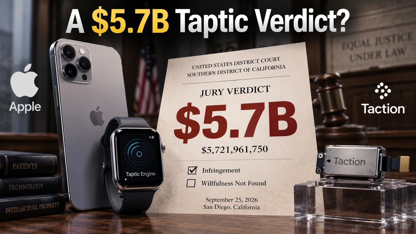 Editorial illustration of an iPhone and Apple Watch Taptic Engine beside a $5.7 billion patent verdict