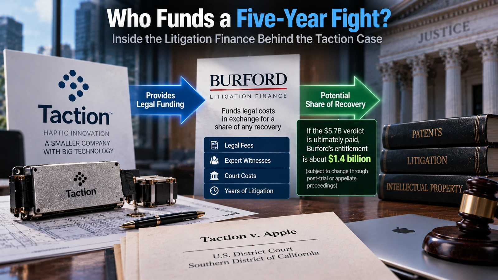 Diagram explaining how litigation finance can help a smaller patent owner fund a long lawsuit against a large company