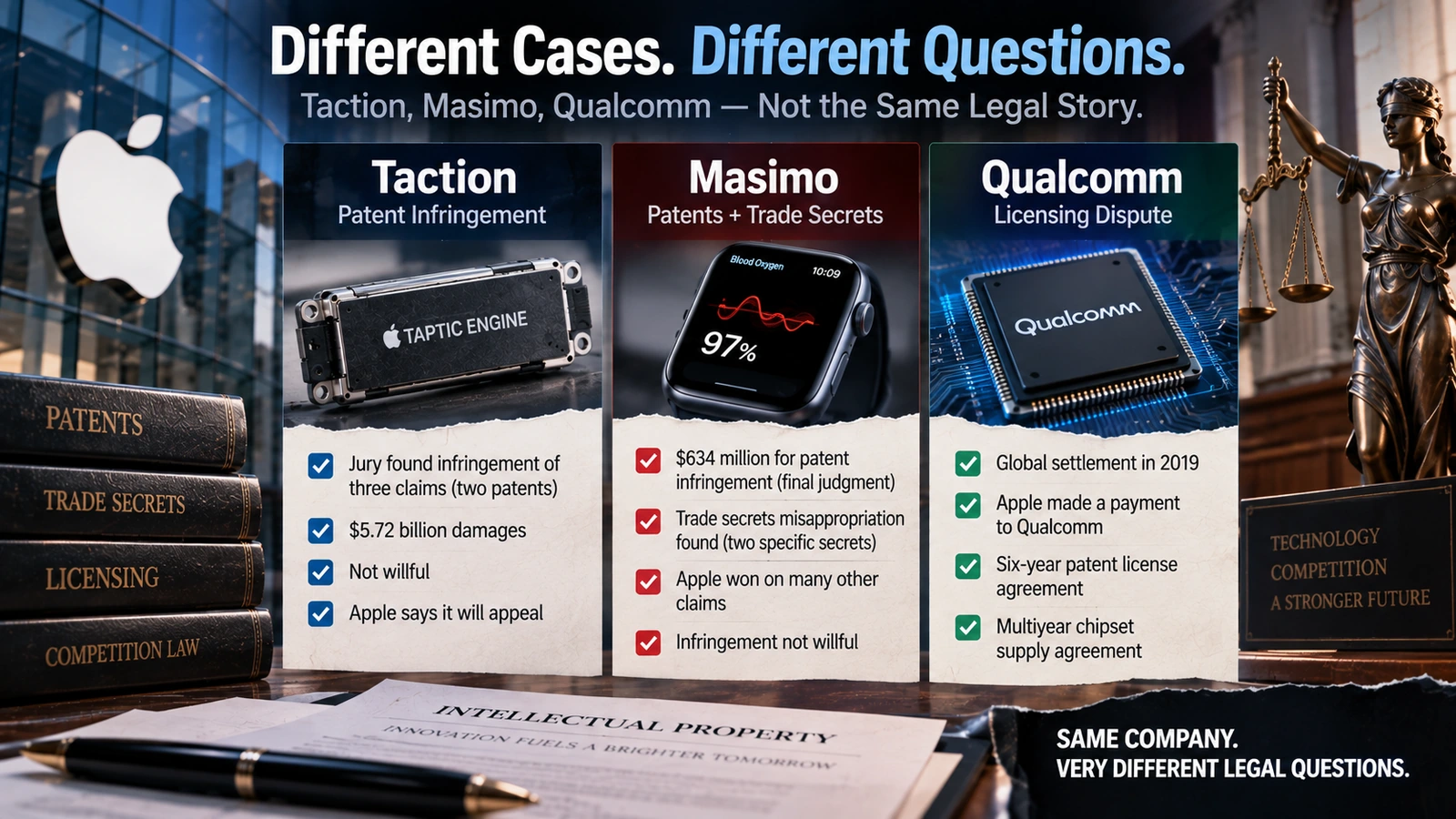 Comparison chart distinguishing Apple disputes involving patent infringement, trade secrets, and licensing