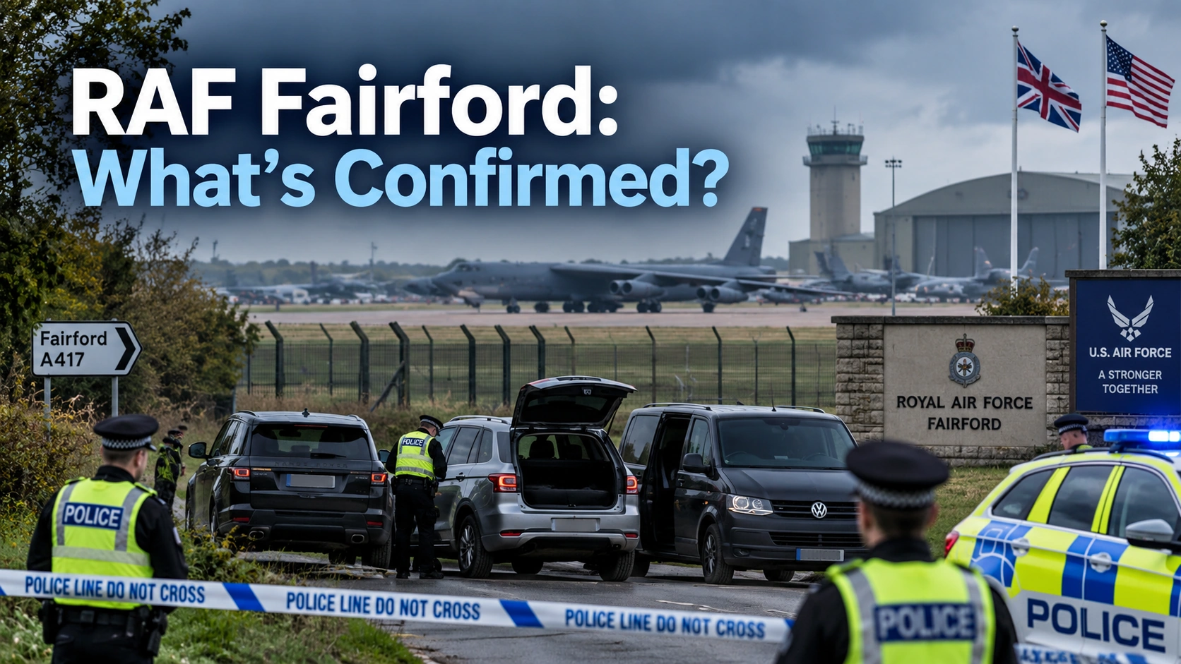 Editorial illustration of RAF Fairford with three vehicles under police investigation and U.S.-UK military context