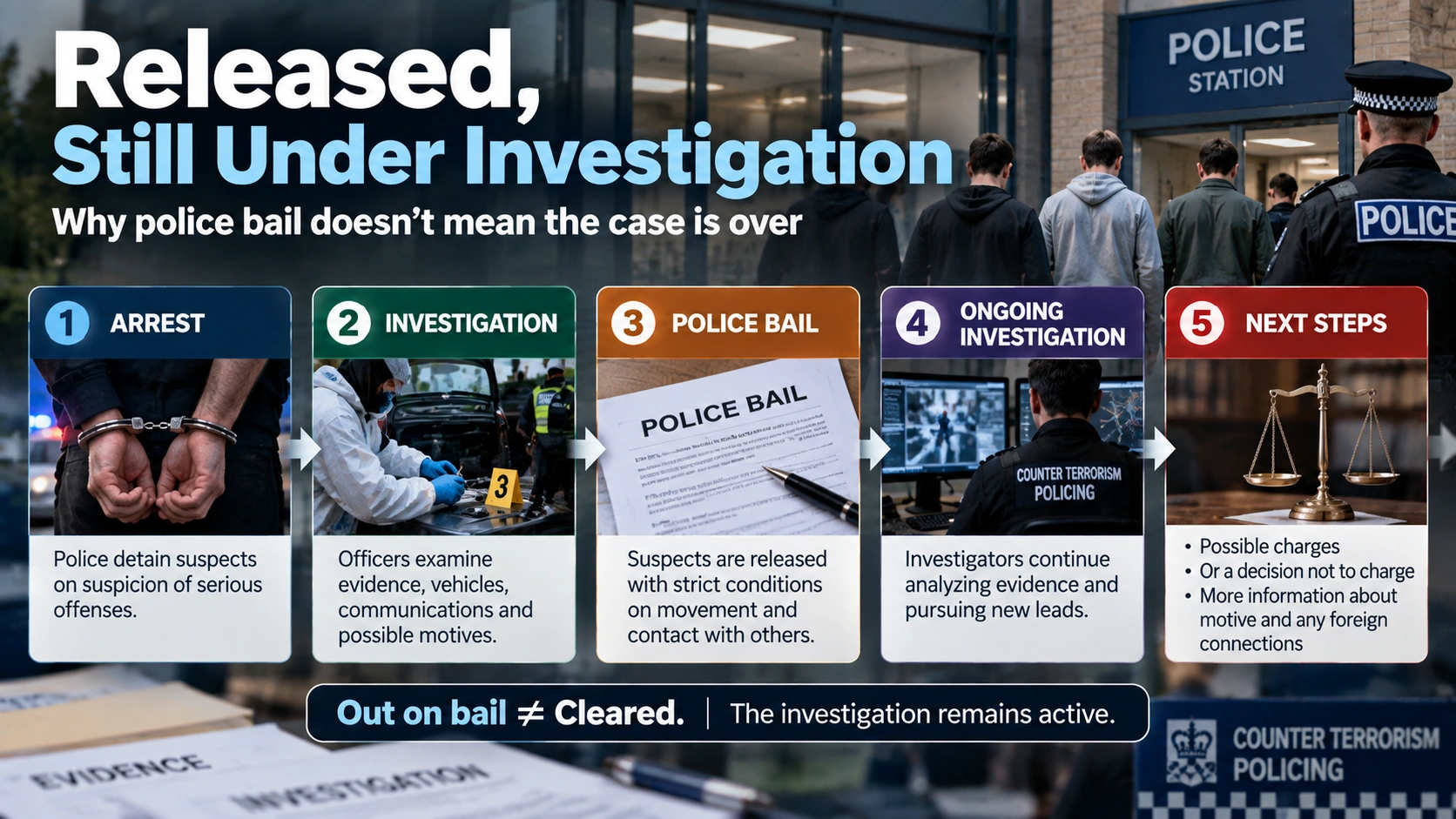 Flowchart showing how police bail allows the RAF Fairford investigation to continue after suspects leave custody