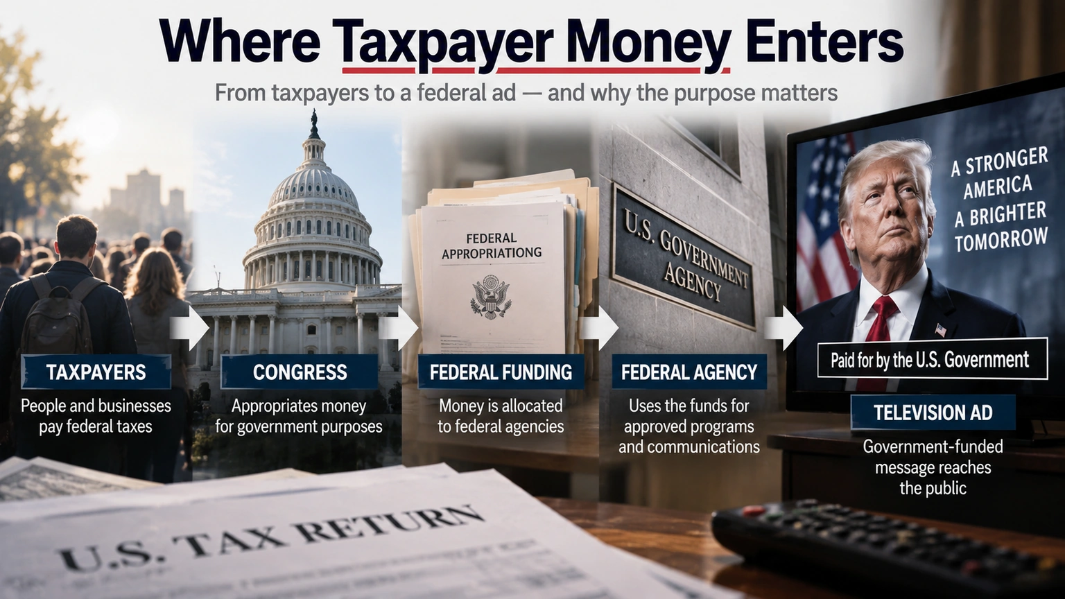 Flow diagram showing taxpayer money moving through a federal appropriation to a government television advertisement
