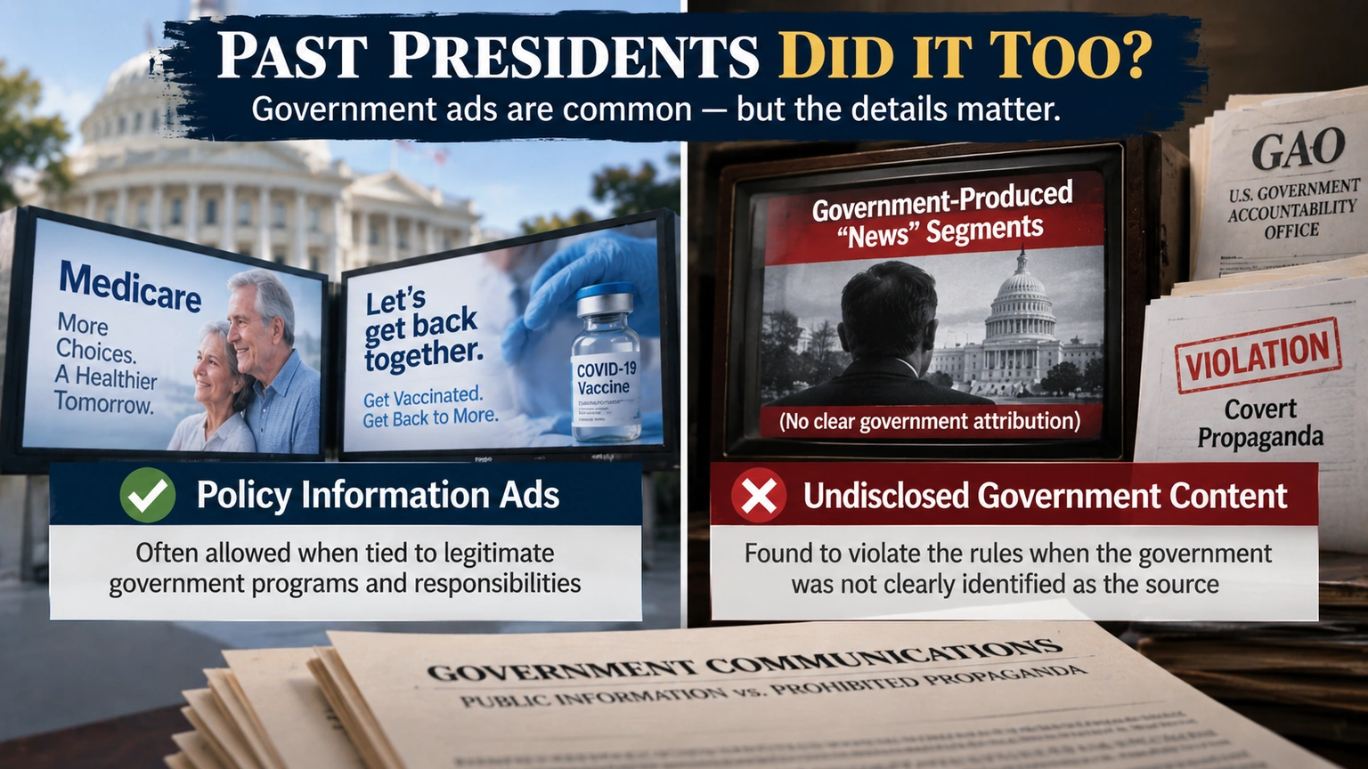 Comparison infographic showing government public-information campaigns and past GAO findings involving Medicare advertising