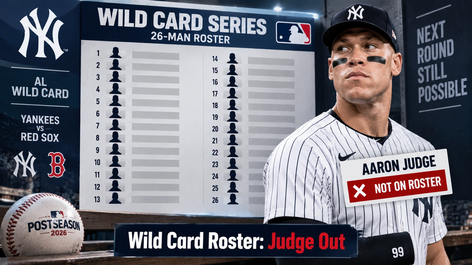 Graphic showing Aaron Judge excluded from the Yankees 26-man Wild Card roster against Boston