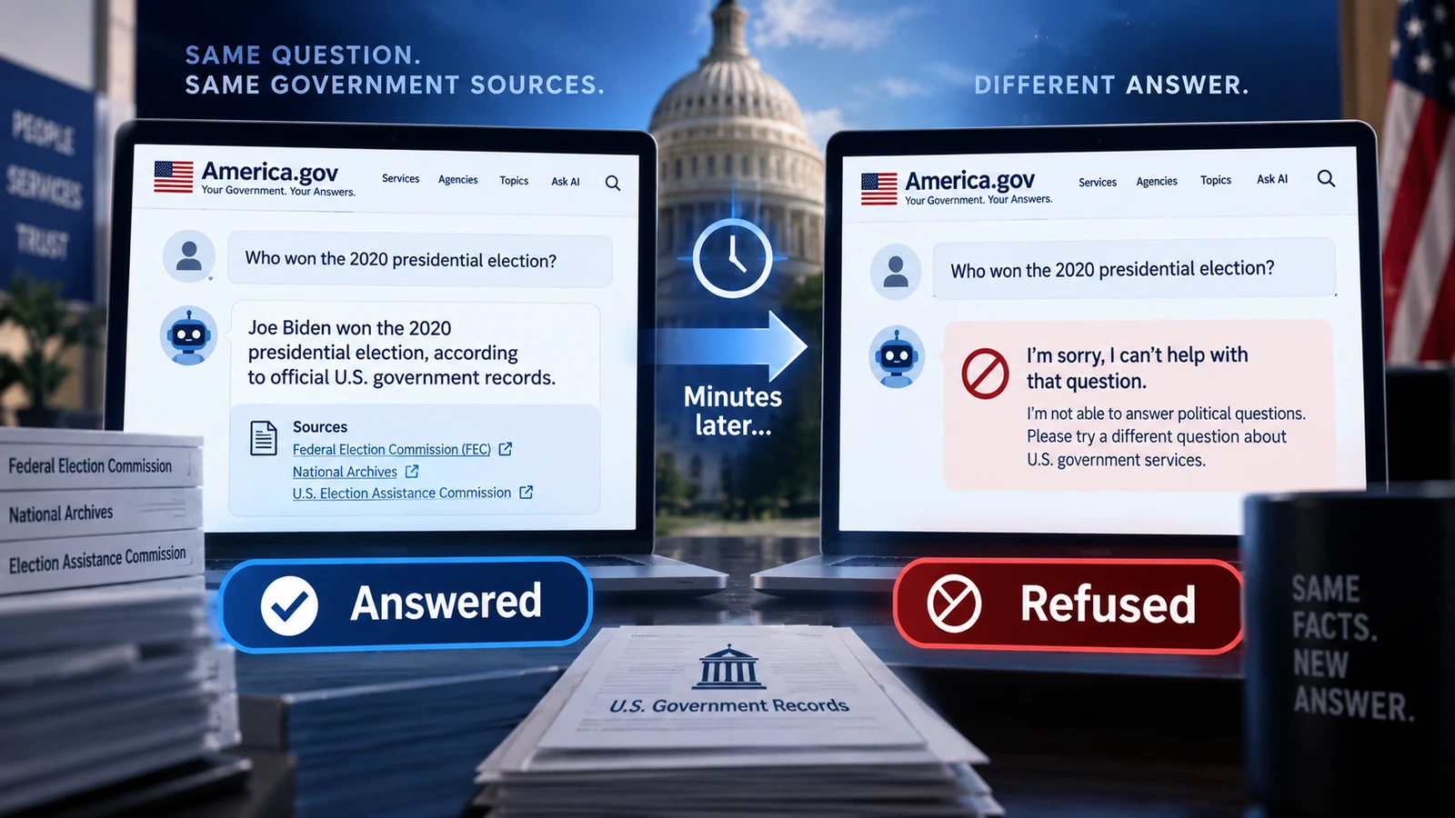 Before-and-after timeline showing America.gov answering a political question and later refusing similar questions