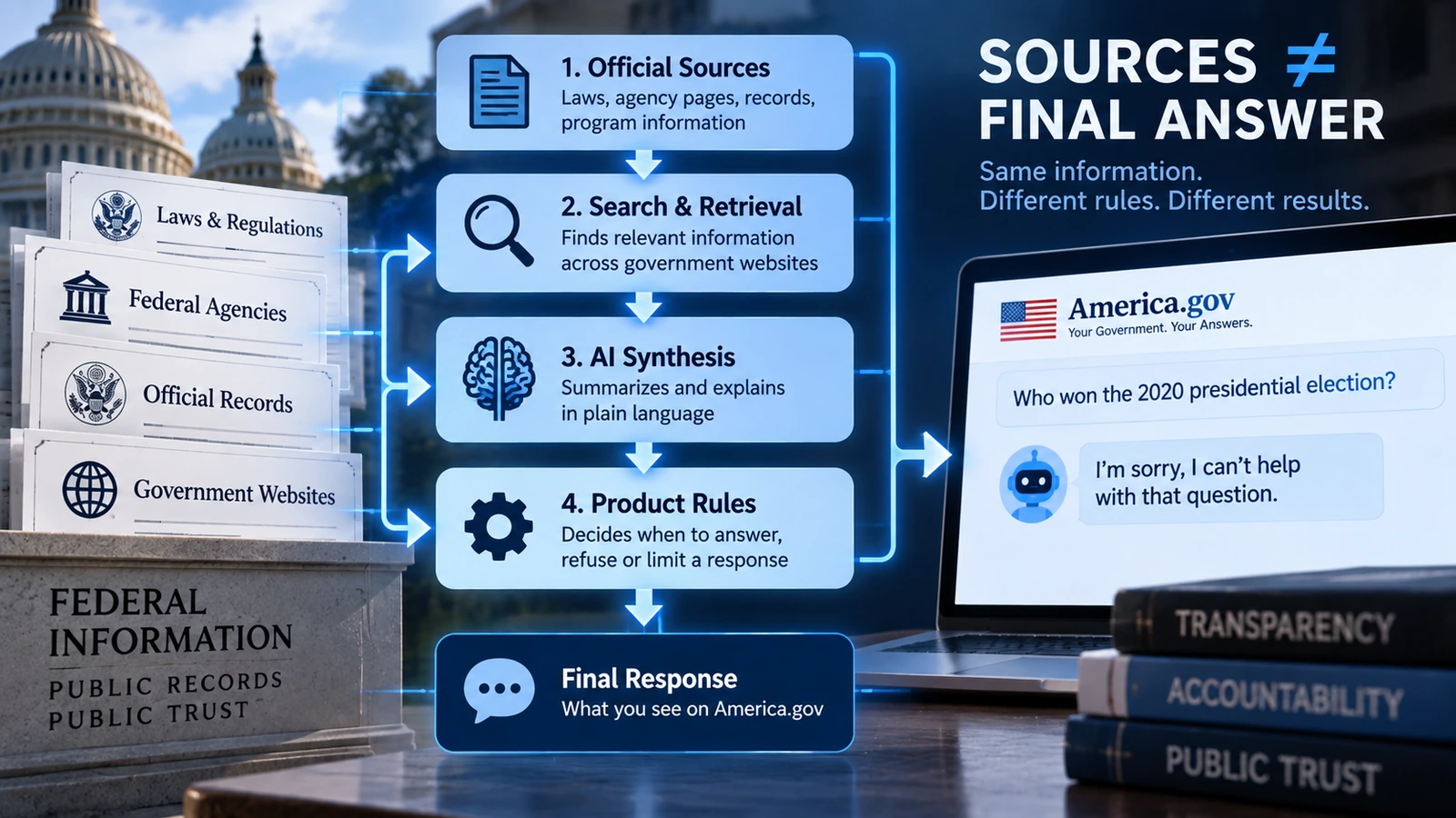 Layered diagram separating official source records, AI retrieval, AI synthesis, answer rules and the final America.gov response
