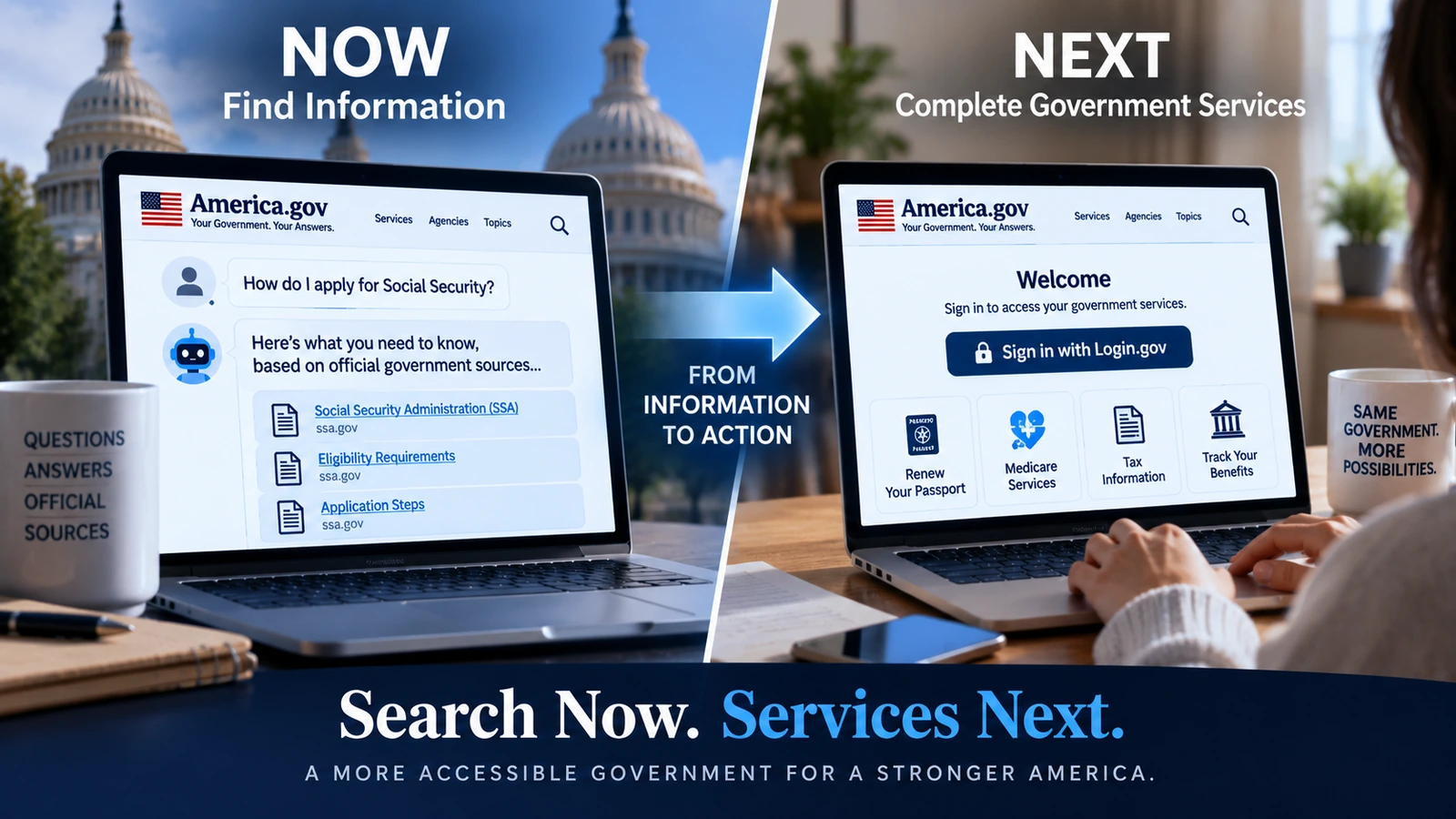 Before-and-after graphic showing America.gov evolving from AI information search toward integrated government services