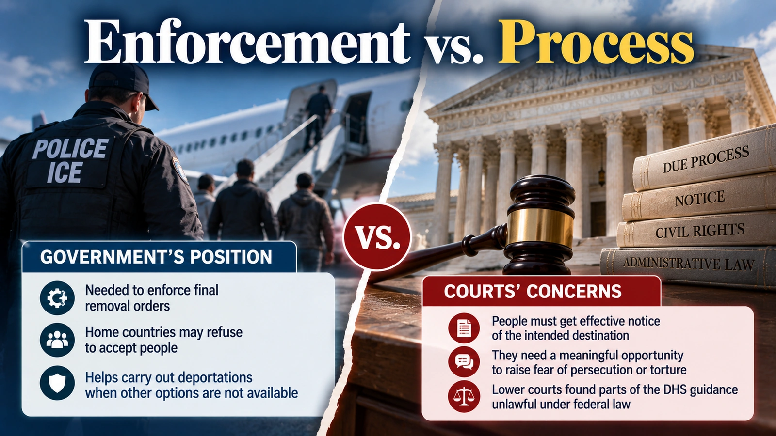 Comparison graphic showing the federal government’s position and the lower courts’ concerns over third-country deportation procedures