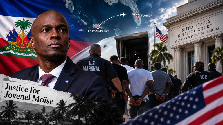 Editorial illustration showing 18 defendant silhouettes moving from Haiti toward a federal courthouse in South Florida