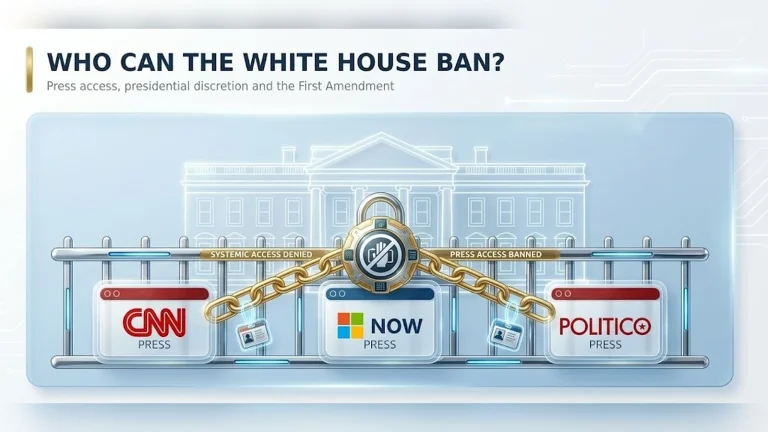 Editorial illustration of White House gates closing in front of press badges labeled CNN, MS NOW and Politico