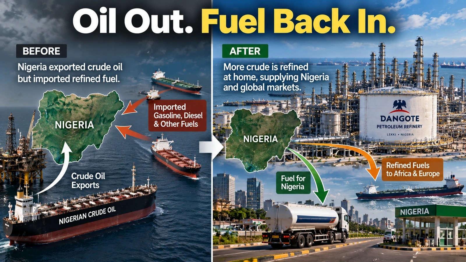 Before-and-after diagram showing Nigeria exporting crude oil while importing fuel before the Dangote Refinery