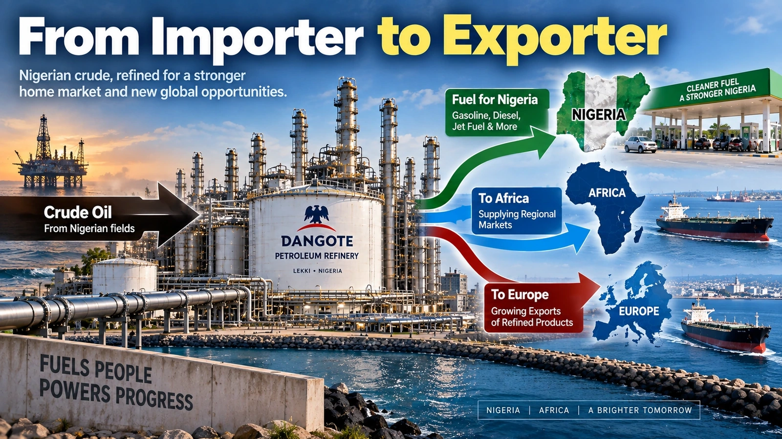 Flow diagram showing Nigerian crude entering the Dangote Refinery and fuel flowing to Nigeria, Africa and Europe