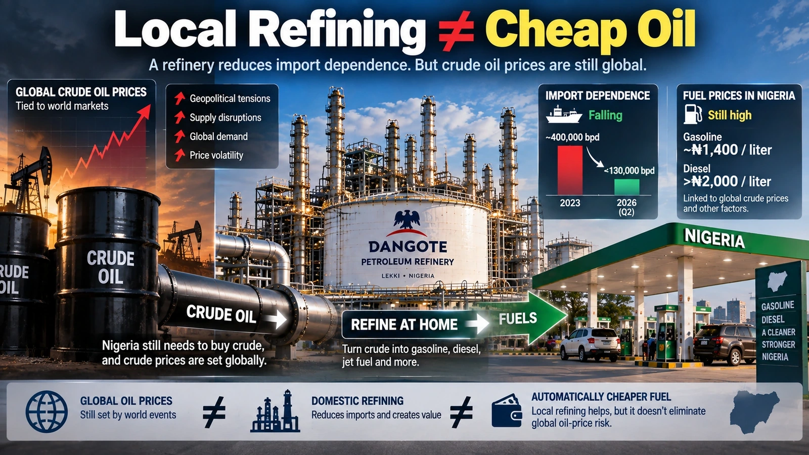 Diagram showing why domestic refining does not completely protect Nigeria from high global oil prices