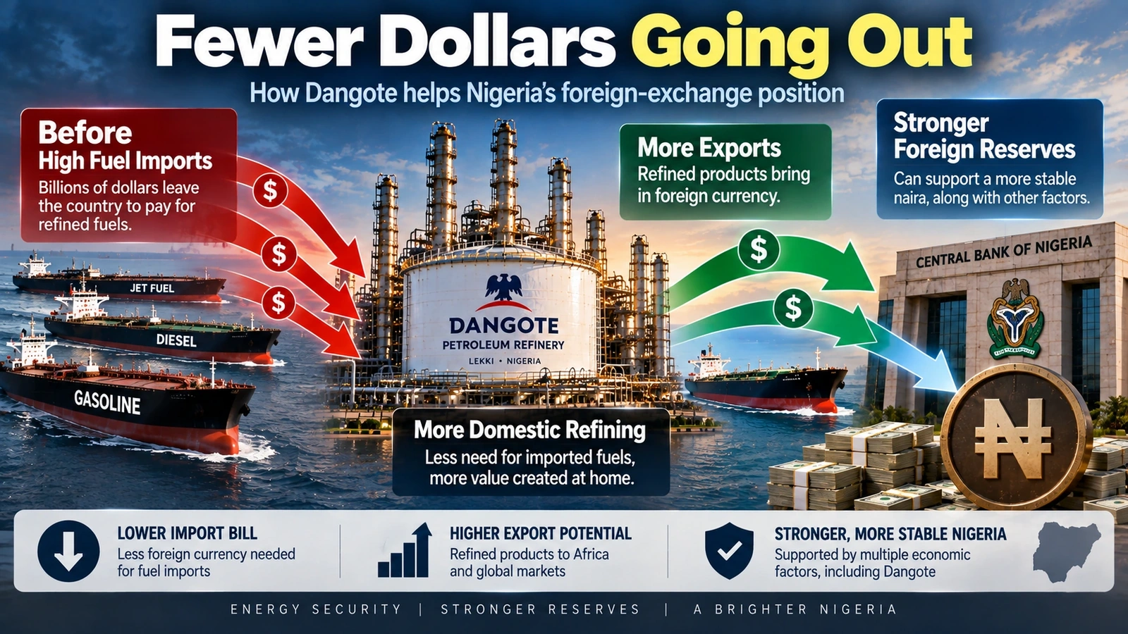 Flow diagram showing how reduced fuel imports and higher petroleum exports can support Nigeria's foreign exchange position