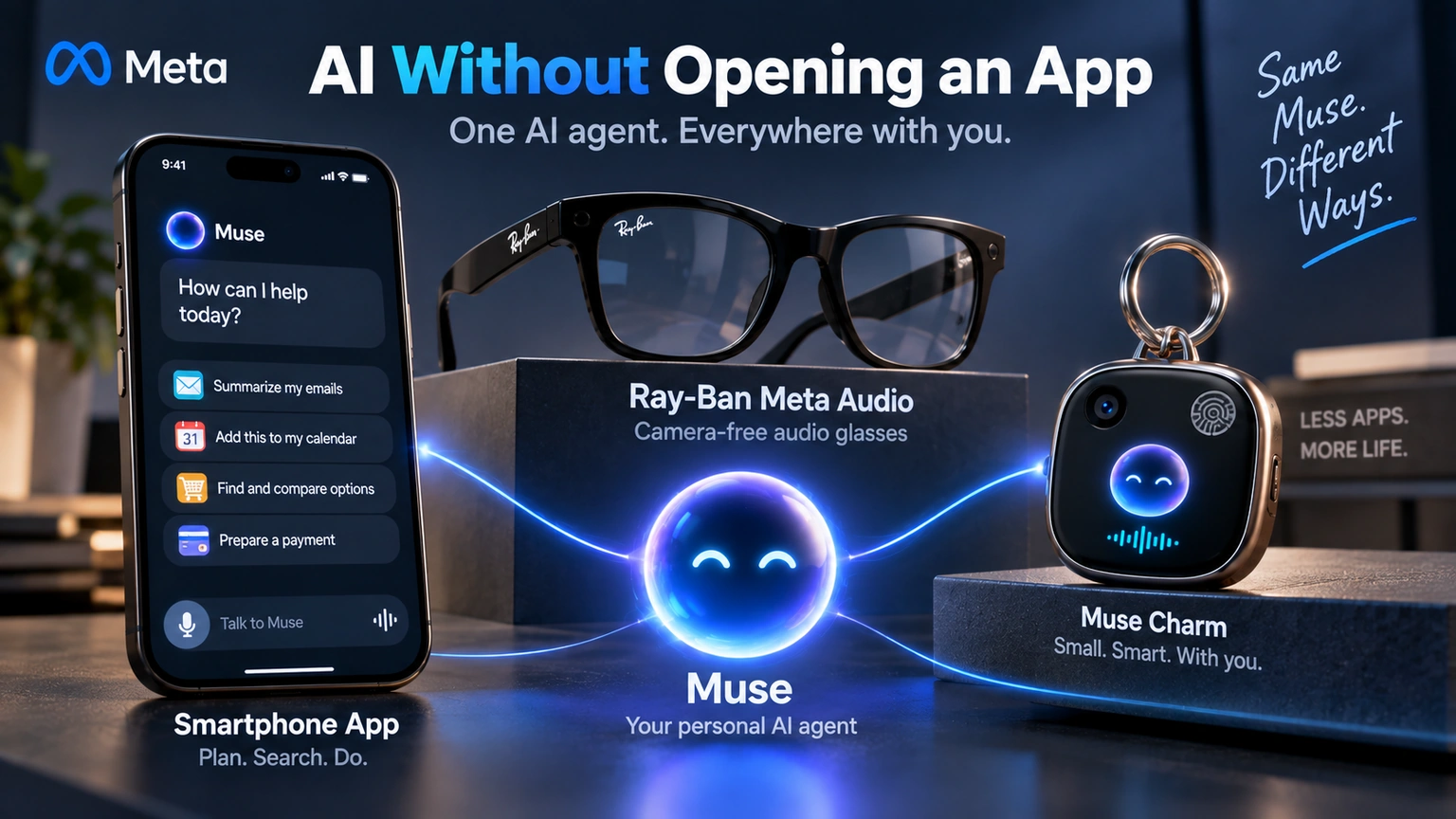 Editorial product diagram comparing a smartphone, camera-free Ray-Ban Meta Audio glasses and the pocket-sized Muse Charm