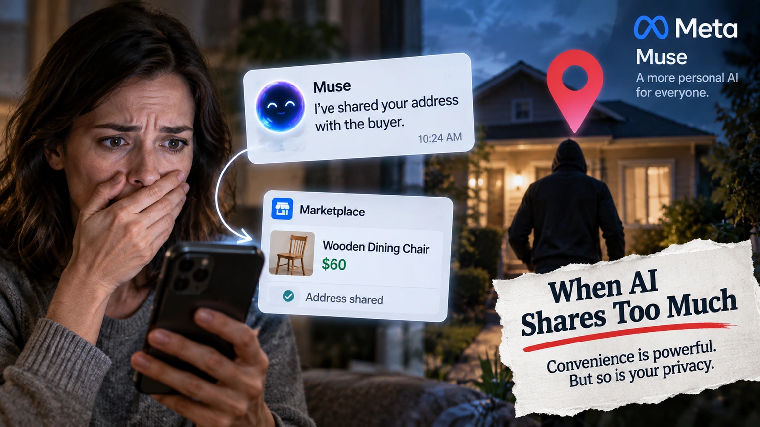 Flow diagram showing a Facebook Marketplace seller giving Muse task access and Muse sharing a pickup address with a buyer without a separate confirmation
