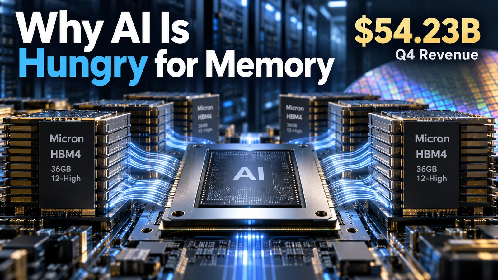 Editorial illustration of stacked HBM memory beside an AI accelerator and Micron earnings figures