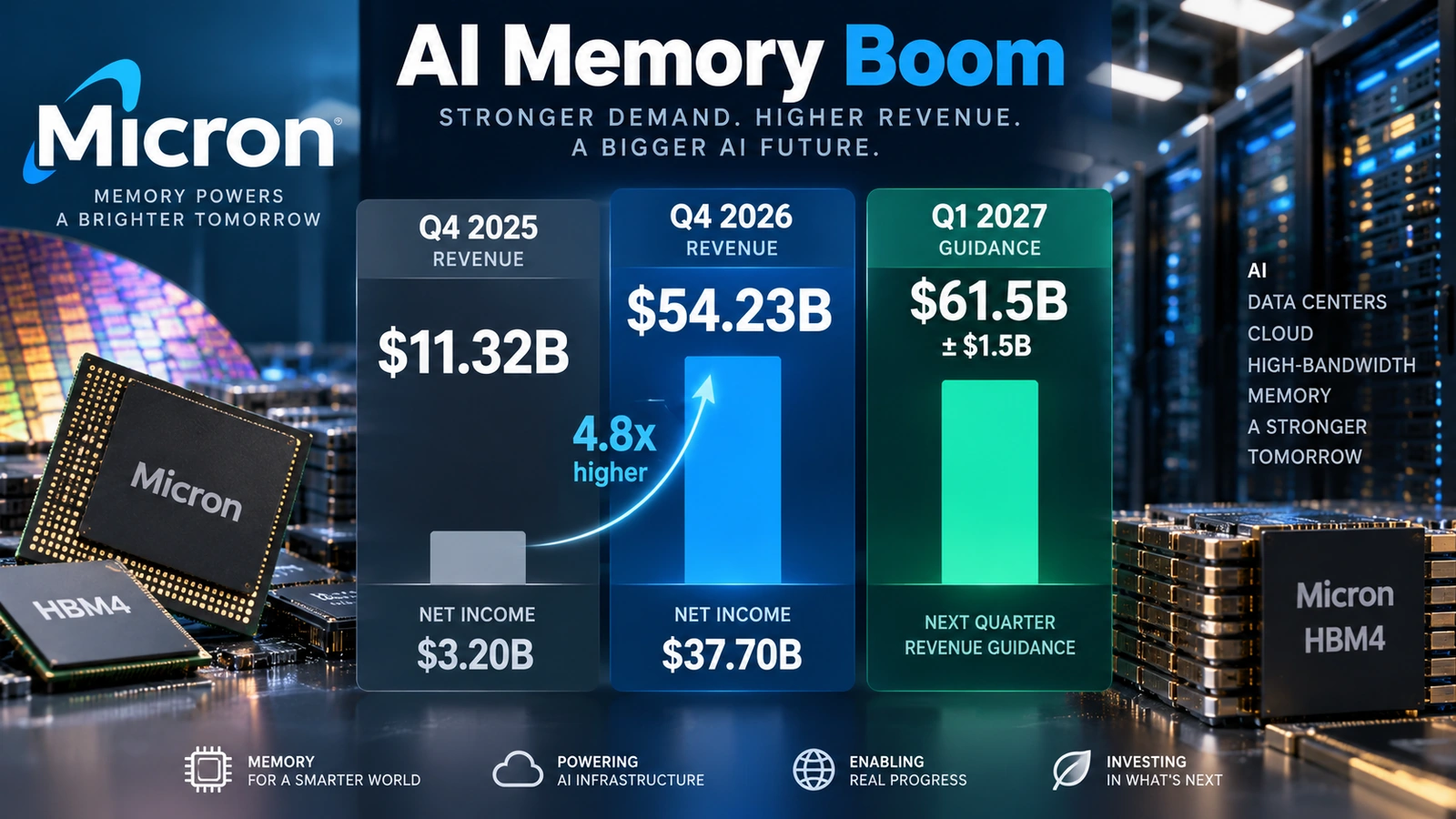 `Infographic comparing Micron fiscal fourth-quarter 2025 and 2026 revenue and profit`