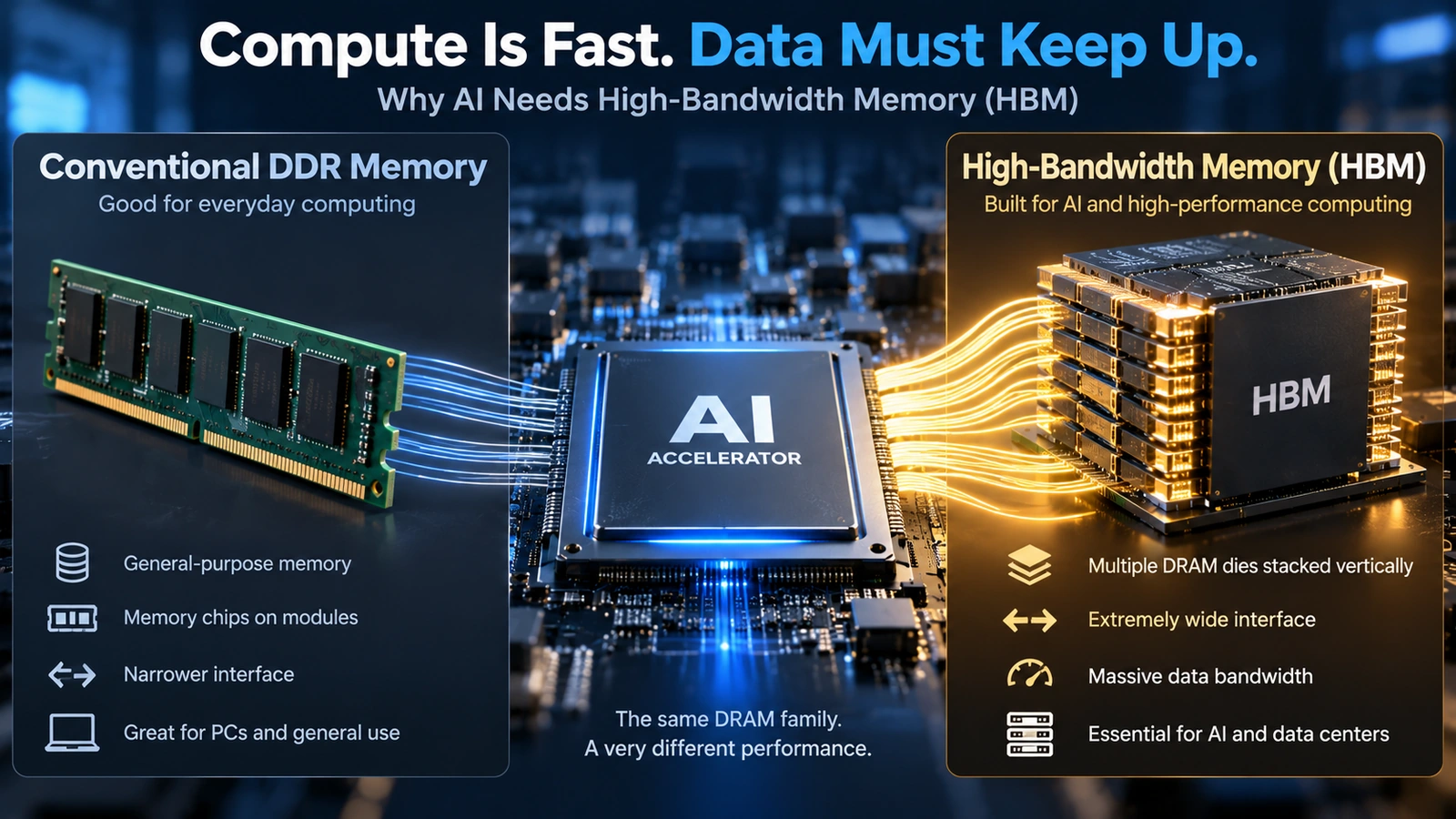 `Diagram showing stacked HBM memory feeding data to an AI accelerator through a very wide interface`
