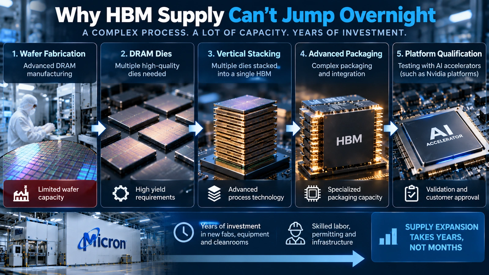 `Flow diagram showing the manufacturing steps and capacity constraints involved in producing HBM`