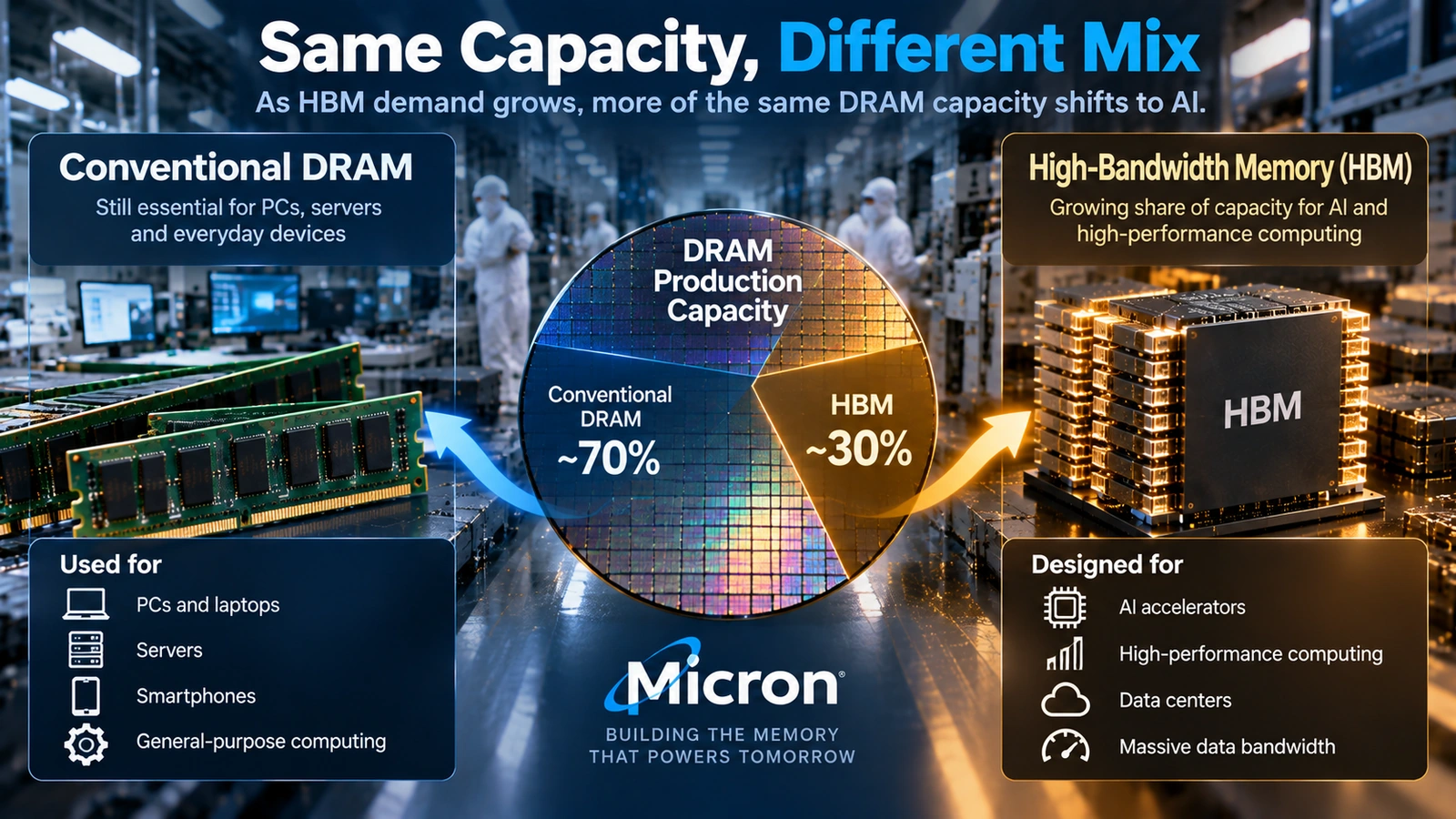`Infographic showing shared DRAM wafer capacity shifting toward HBM and away from conventional memory`