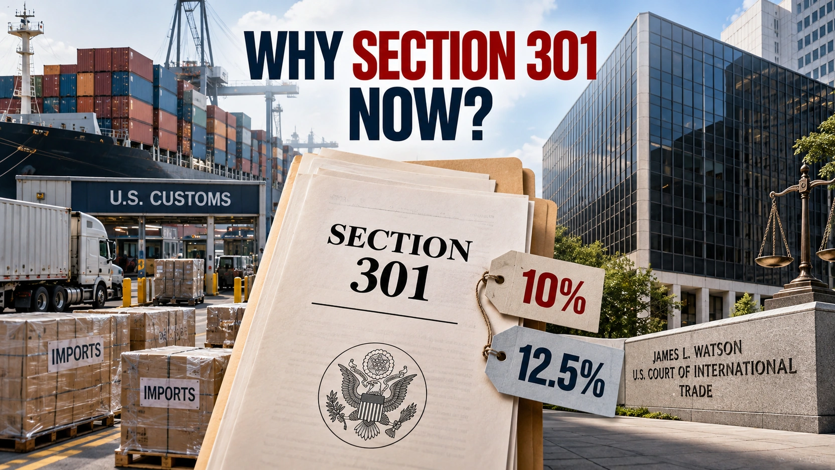 Editorial illustration showing shipping containers, the U.S. Court of International Trade and a Section 301 tariff document