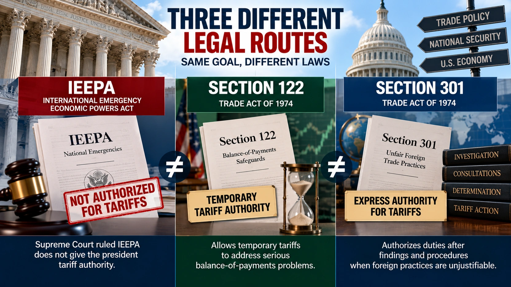 Comparison diagram showing IEEPA, Section 122 and Section 301 as different legal authorities used for tariffs