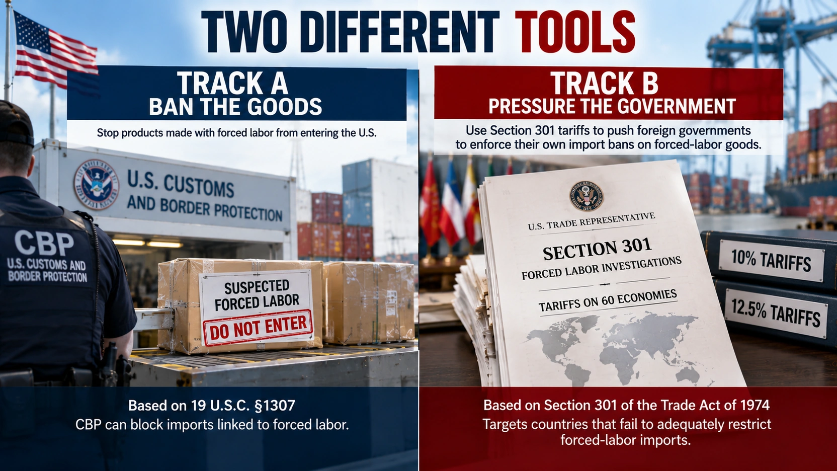 Diagram comparing the U.S. ban on forced-labor goods with Section 301 tariffs aimed at trading partners’ import policies