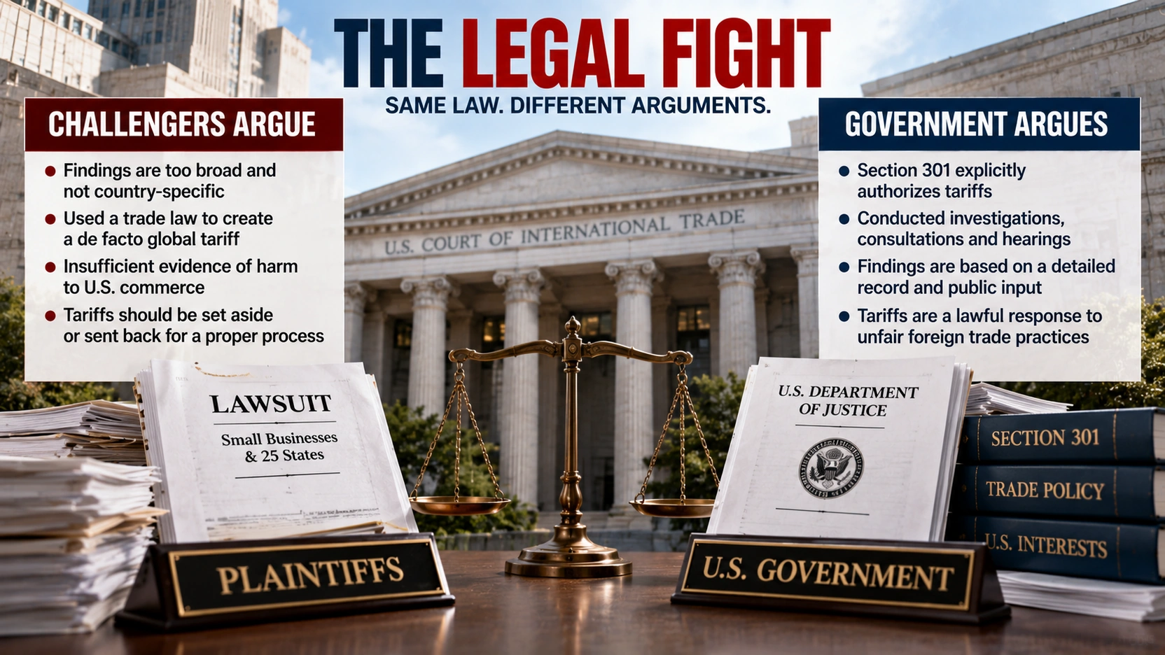 Neutral comparison of the challengers’ and U.S. government’s legal arguments over the Section 301 forced-labor tariffs