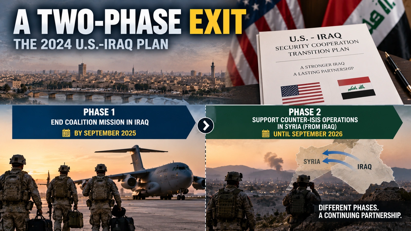 Two-phase timeline showing the 2024 U.S.-Iraq plan to end the coalition mission and support operations in Syria