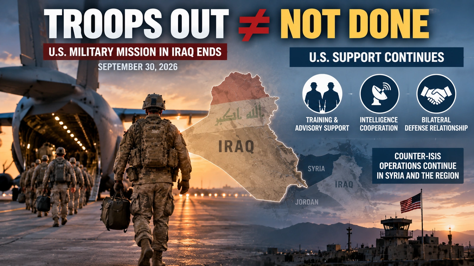 Comparison showing which U.S. military activities ended in Iraq and which security ties continue after the withdrawal