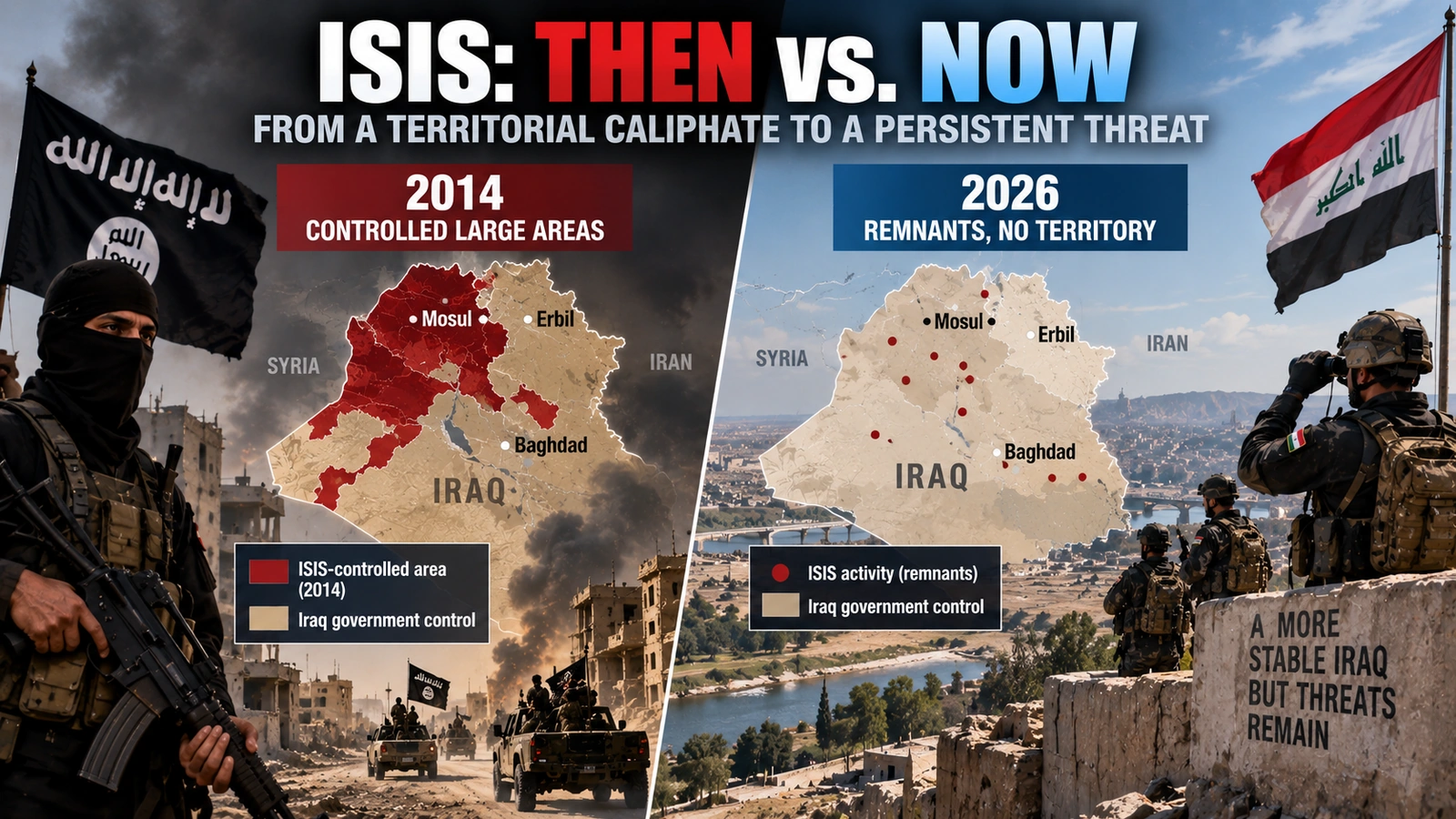 Comparison of ISIS as a territorial force in 2014 with its reduced network of remnants in 2026