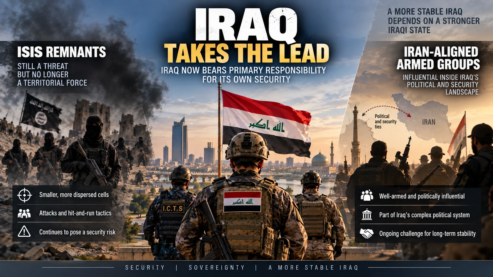Diagram showing Iraq facing security pressure from ISIS remnants and powerful Iran-aligned armed groups after the U.S. withdrawal