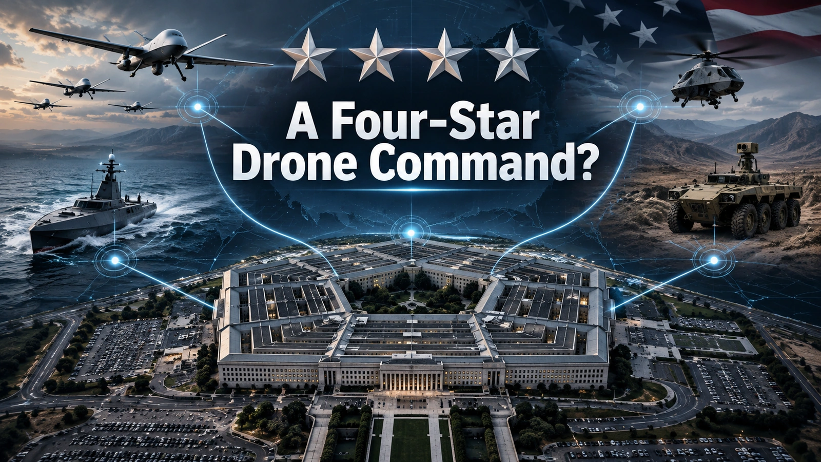 Editorial illustration of the Pentagon connected to autonomous drones, robotic systems, and a four-star command