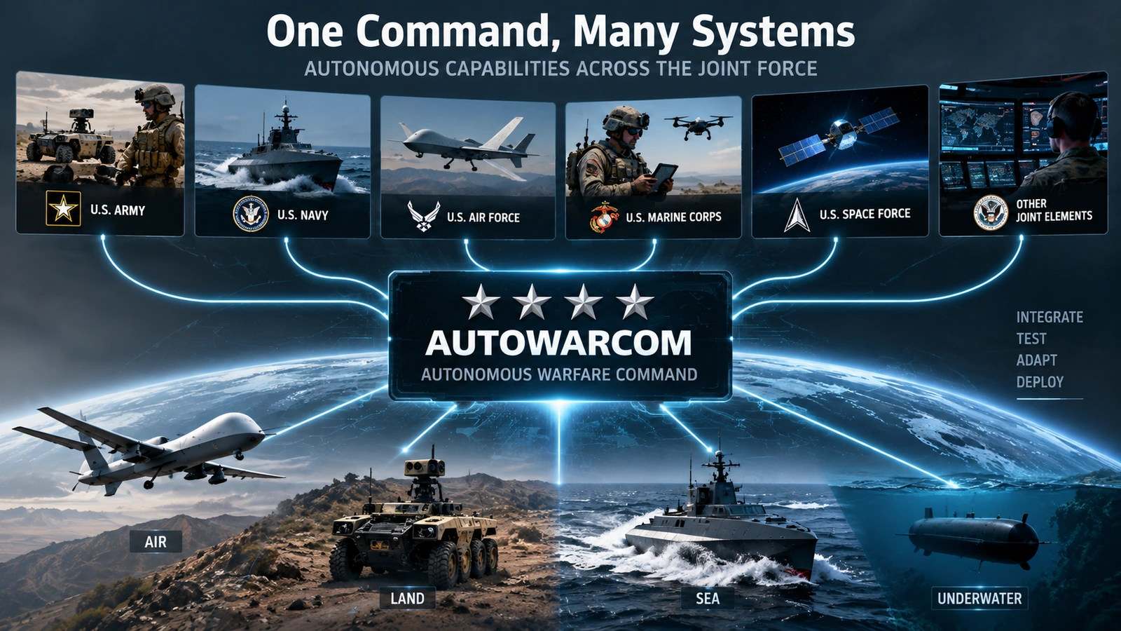 Diagram showing AutoWarCom coordinating autonomous systems across the U.S. military