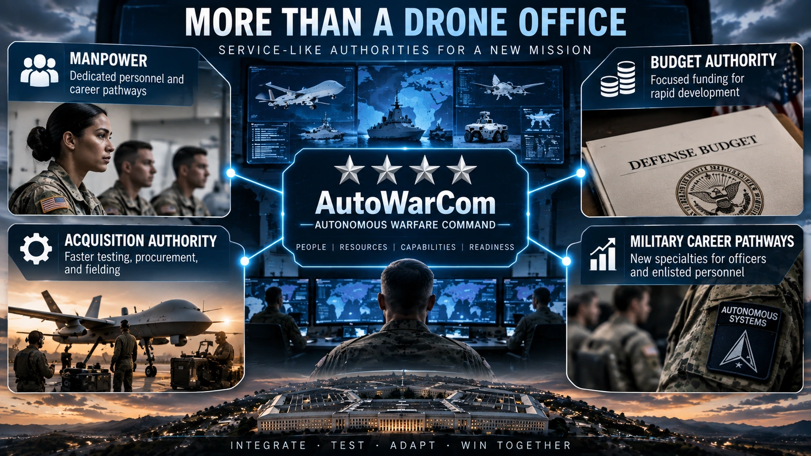 Infographic showing the manpower, budget, acquisition, and career authorities planned for AutoWarCom