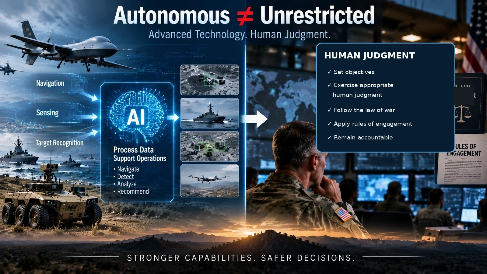 Diagram separating autonomous military technology from human judgment over the use of force