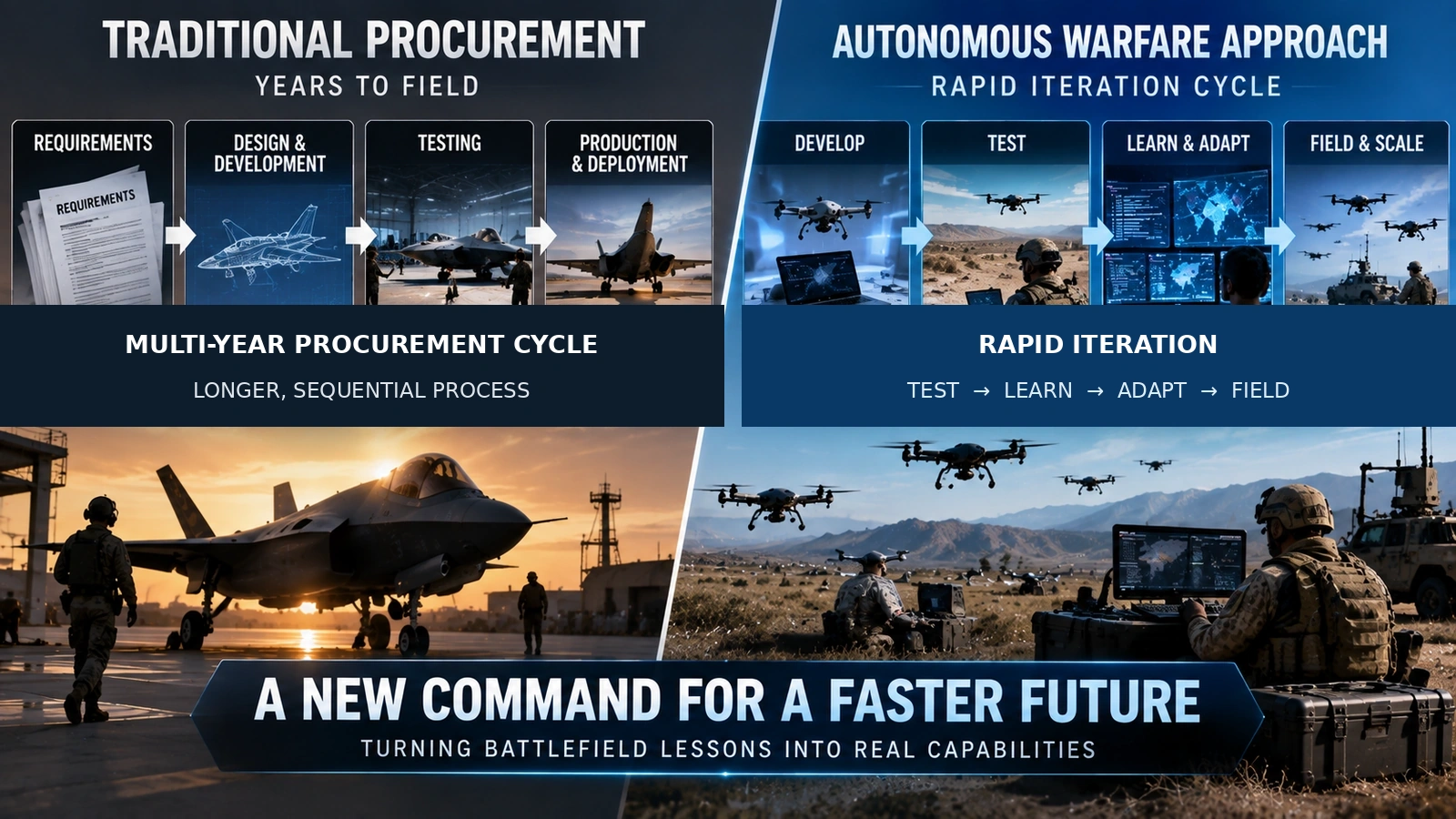 Comparison between slow traditional weapons procurement and a rapid drone development and battlefield feedback cycle