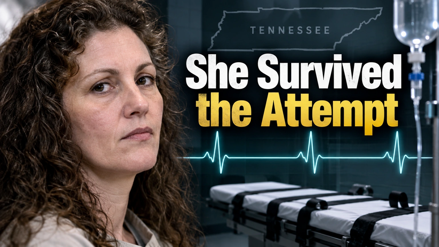Editorial illustration of Christa Pike beside a Tennessee lethal-injection setup and a continuing heartbeat line