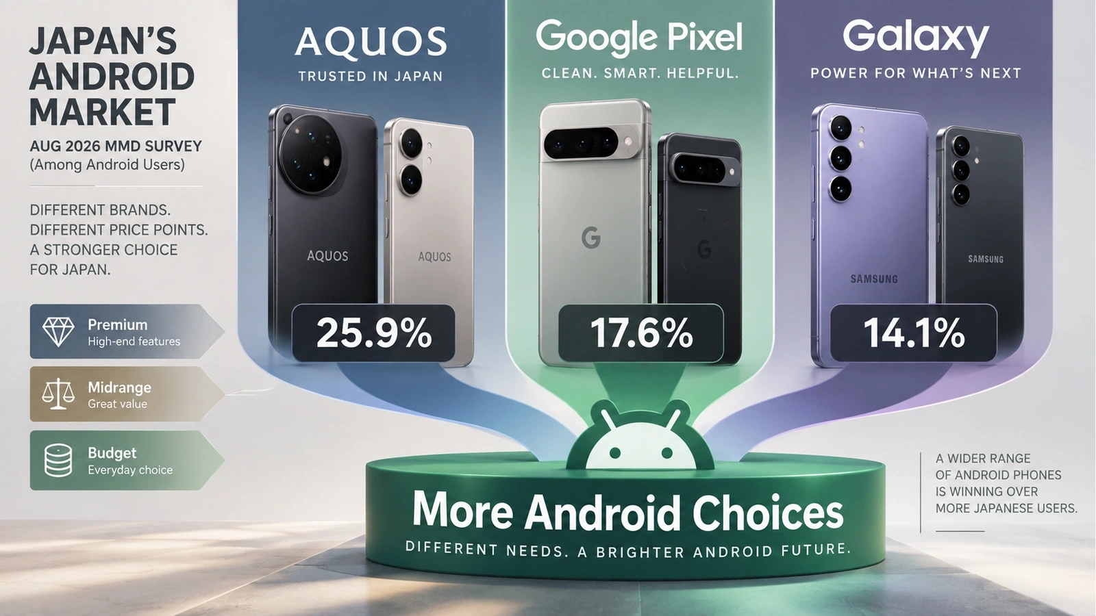 Infographic showing Japan Android choices led by AQUOS, Google Pixel, and Galaxy